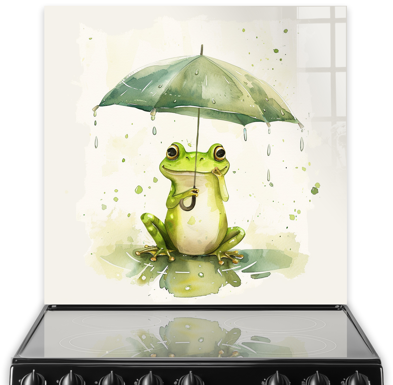 Mister Frogs Wet Waltz is a green frog under an umbrella kitchen splashback